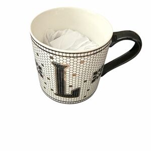 Anthropologie Mosaic Letter L Ceramic Mug in Black and White